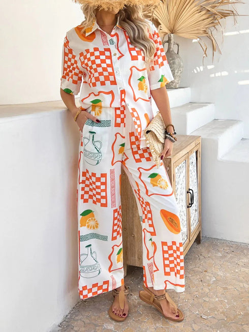'Splendory' Collared Print Top and Pants Set - Celes Fashion